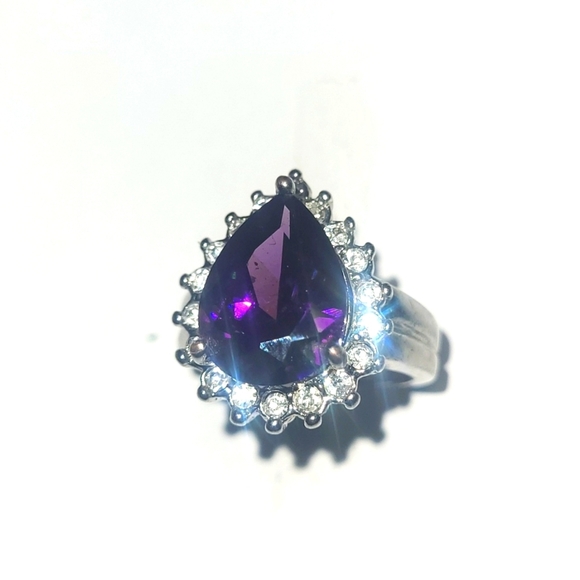 Cocktail Ring Genuine Purple Iolite Gemstone Crystal Halo Faceted Pear Shape 7 - Picture 1 of 7